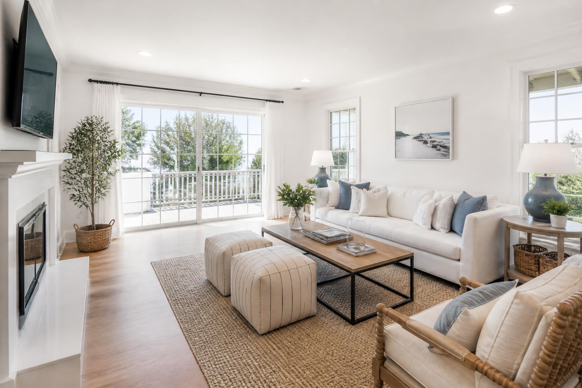 Bright, freshly cleaned modern American living room with natural daylight