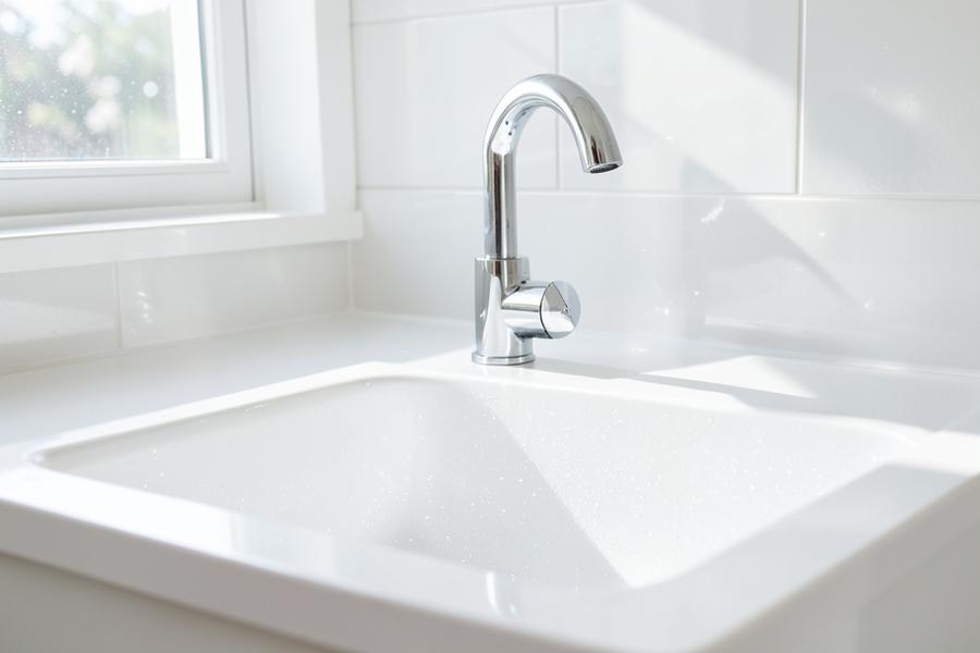 Sparkling clean kitchen sink with sunlight